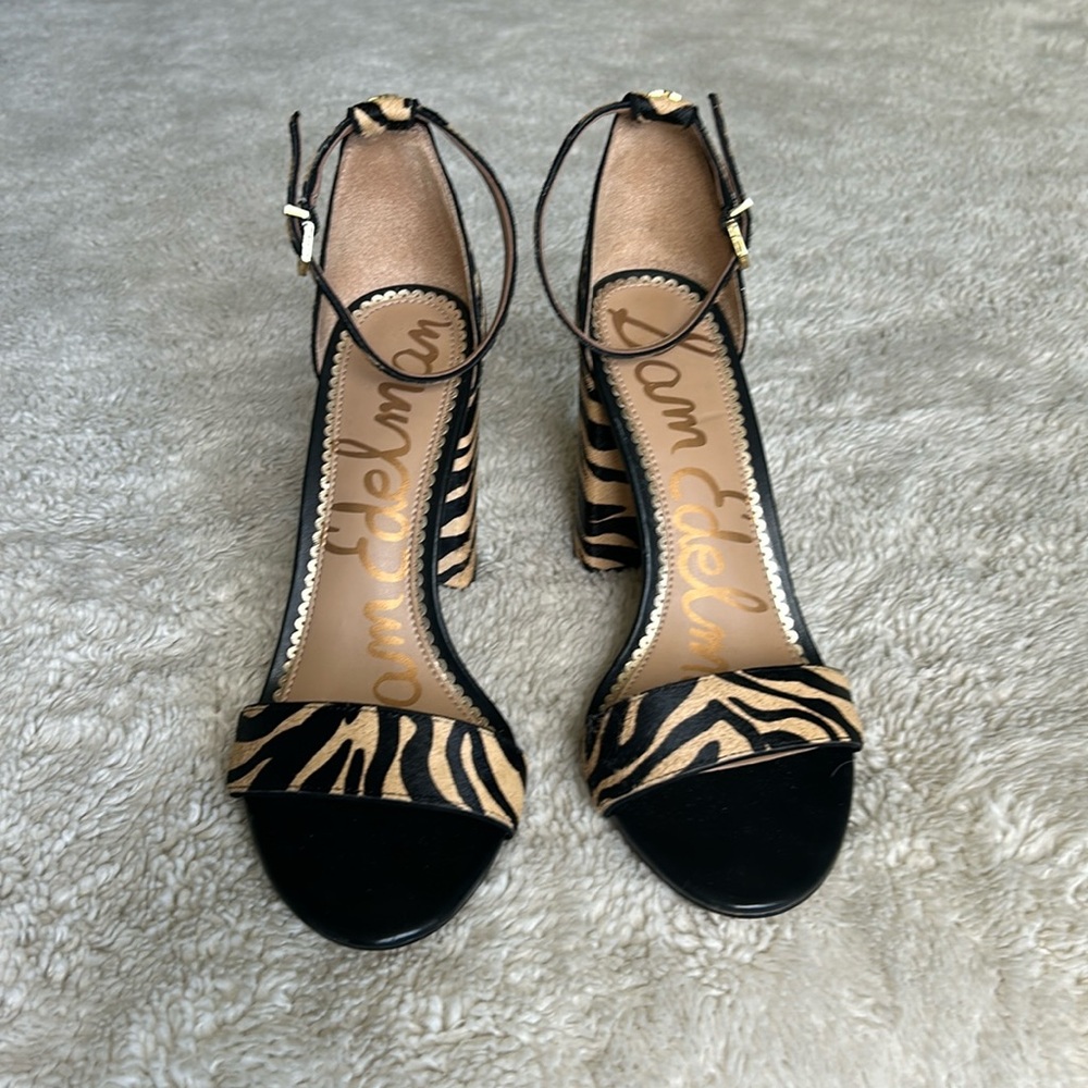 SAM EDELMAN Daniella Zebra Print Calf Hair Pink Barbie Block Heel 8.5 Sandals